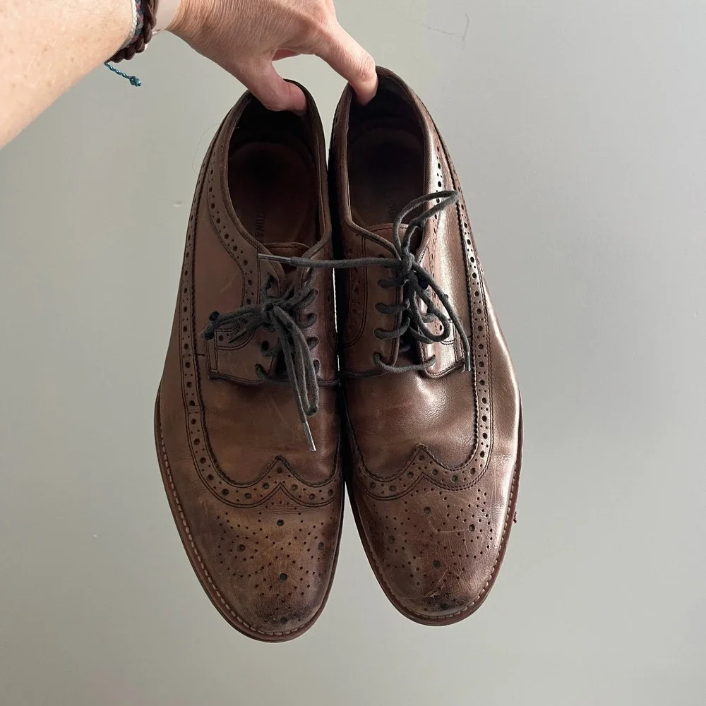 Johnston & Murphy Mens sz‎ 10.5 Brown Leather Wingtip Brogue Oxford Shoes Office